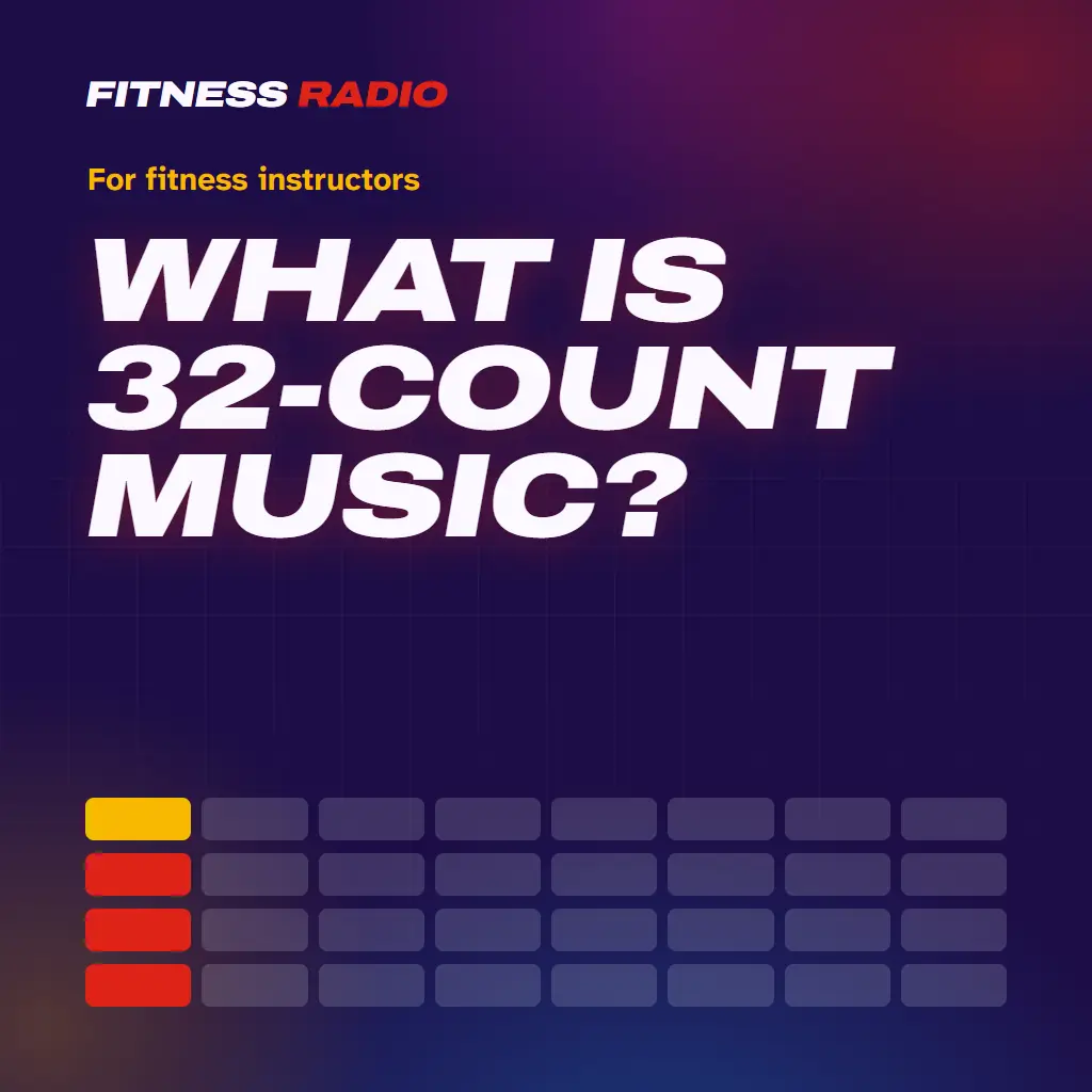 The words What is 32-count music? above a grid of 32 counts in four rows of eight, the first count in gold